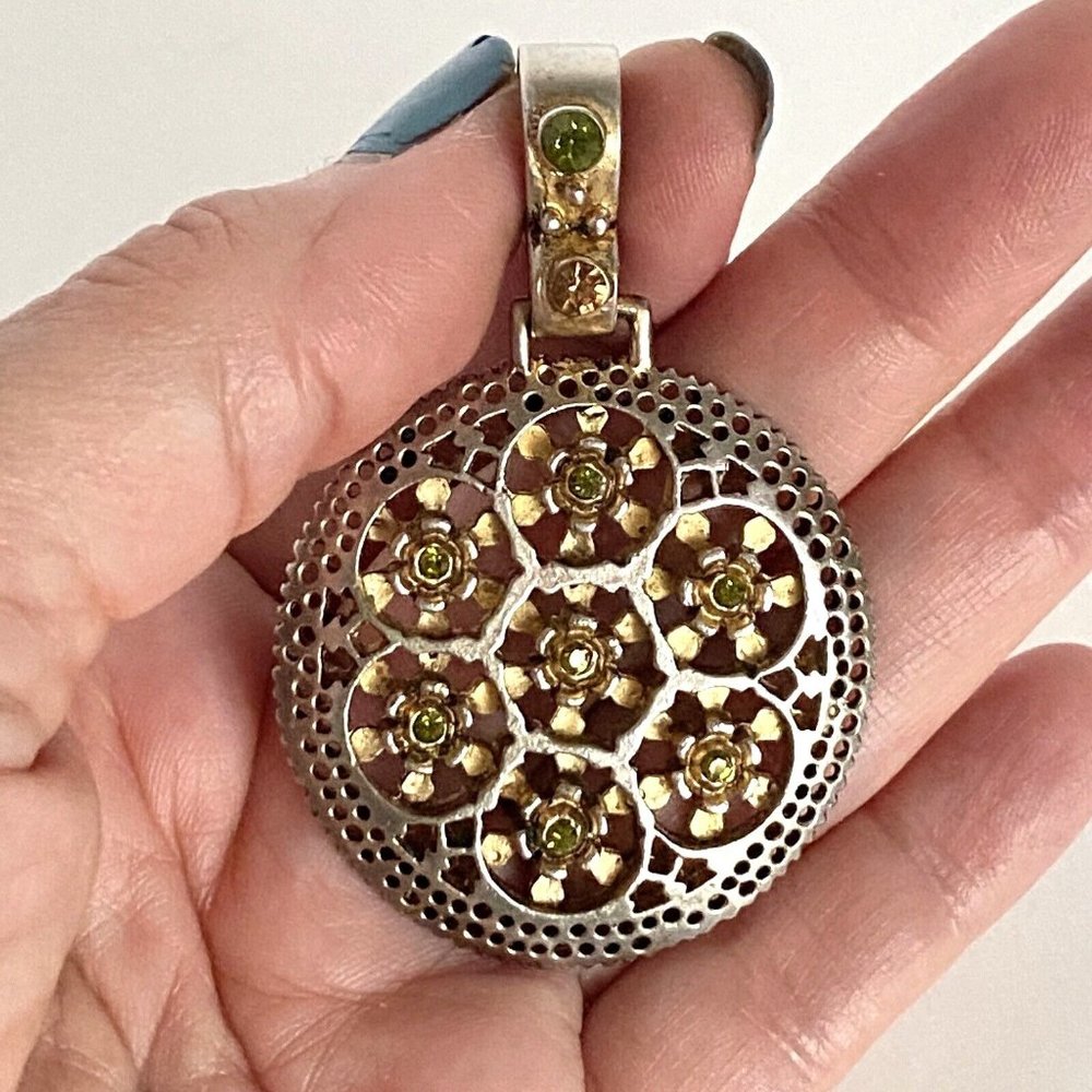 Premier Designs Chunky Floral Medallion Rhinestones Two Tone SteamPunk Pendant